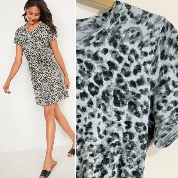 OLD NAVY Waist-Defined Mini T-Shirt Dress Grey Leopard Print‎ Small Animal Print - Picture 1 of 16